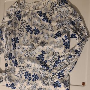 LOFT White and Blue Floral Blouse